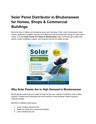 Solar Panel Distributor in Bhubaneswar for Homes, Shops & Commercial Buildings