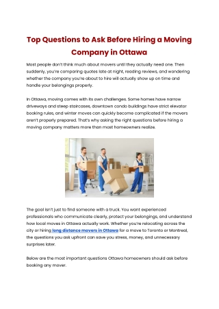 Top Questions to Ask Before Hiring a Moving Company in Ottawa