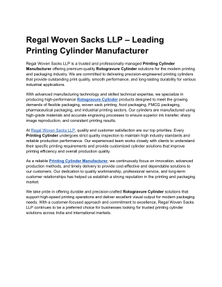Regal Woven Sacks LLP – Leading Printing Cylinder Manufacturer
