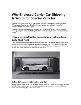 Why Enclosed Carrier Car Shipping Is Worth for Special Vehicles