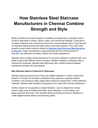 How Stainless Steel Staircase Manufacturers in Chennai Combine Strength and Styl