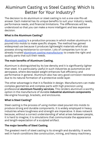 Aluminum Casting vs Steel Casting Which Is Better for Your Industry
