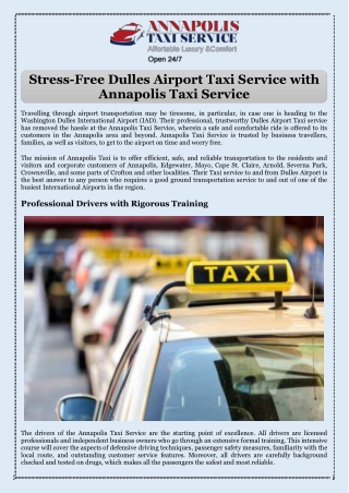 Stress-Free Dulles Airport Taxi Service with Annapolis Taxi Service
