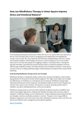 How can Mindfulness Therapy in Union Square Improve Stress and Emotional Balance