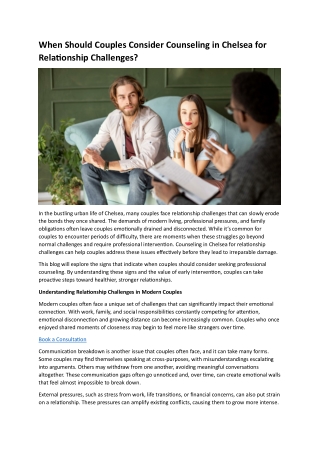 When Should Couples Consider Counseling in Chelsea for Relationship Challenges