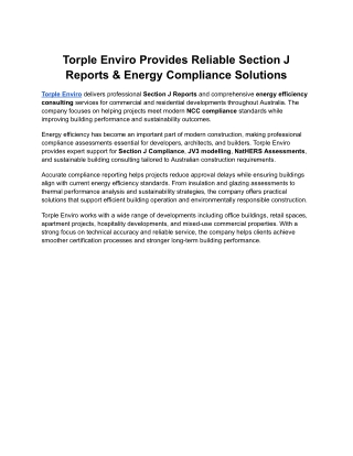 Torple Enviro Provides Reliable Section J Reports & Energy Compliance Solutions