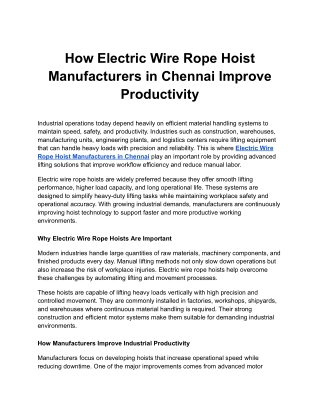 How Electric Wire Rope Hoist Manufacturers in Chennai Improve Productivity