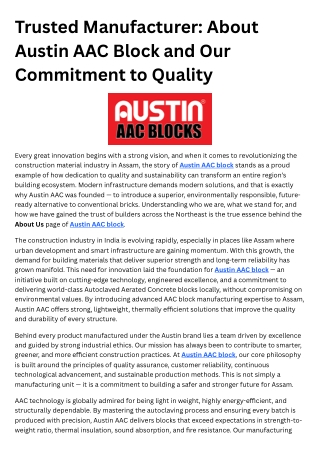 Know Austin AAC Block: Assam’s Most Reliable Aerated Concrete Brand