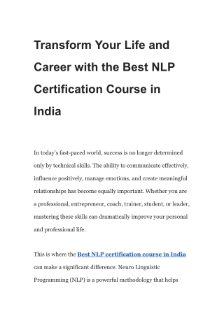Transform Your Life and Career with the Best NLP Certification Course in India