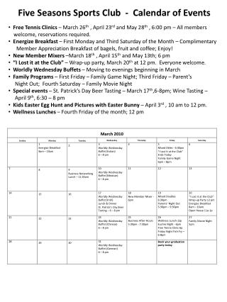 Five Seasons Sports Club - Calendar of Events