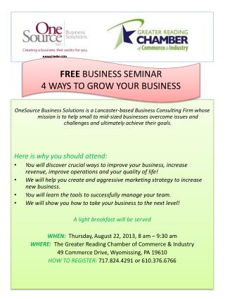 FREE BUSINESS SEMINAR 4 WAYS TO GROW YOUR BUSINESS