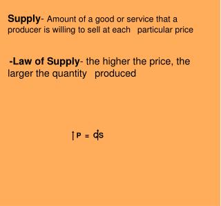 Supply - Amount of a good or service that a producer is willing to sell at each ?particular price