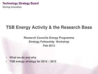 TSB Energy Activity &amp; the Research Base Research Councils Energy Programme Strategy Fellowship Workshop Feb 2013