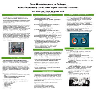 From Homelessness to College: Addressing Housing Trauma in the Higher Education Classroom Tara Overzat , Stan Hoover