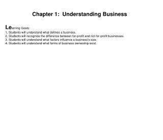 Chapter 1: Understanding Business Le arning Goals: 1. Students will understand what defines a business.