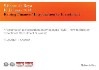 Mishcon de Reya 16 January 2013 Raising Finance / Introduction to Investment