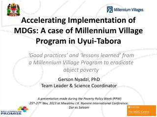 Accelerating Implementation of MDGs: A case of Millennium Village Program in Uyui- Tabora