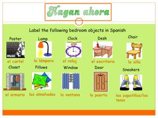 Label the following bedroom objects in Spanish
