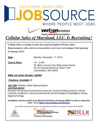 Cellular Sales of Maryland, LLC. Is Recruiting!