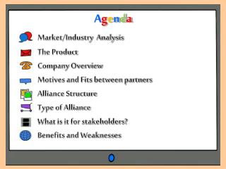 Market/Industry Analysis 	The Product 	Company Overview 	Motives and Fits between partners 	Alliance Structure 	Type of
