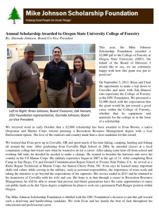 Annual Scholarship Awarded to Oregon State University College of Forestry By: Durinda Johnson, Board Co- Vice Pres