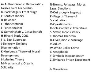A- Authoritarian v. Democratic v. Laissez Faire Leadership B- Back Stage v. Front Stage C-Conflict Theory D-Deviance E-