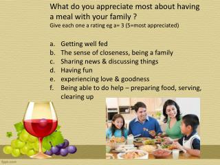 What do you appreciate most about having a meal with your family ? Give each one a rating eg a= 3 (5=most appreciated