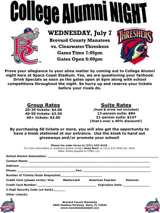 WEDNESDAY, July 7 Brevard County Manatees vs. Clearwater Threshers Game Time 7:05pm Gates Open 6:00pm