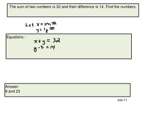 The sum of two numbers is 32 and their difference is 14. Find the numbers.