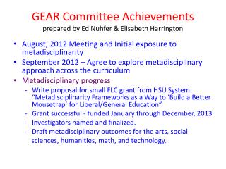 GEAR Committee Achievements prepared by Ed Nuhfer &amp; Elisabeth Harrington