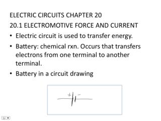 ELECTRIC CIRCUITS CHAPTER 20 20.1 ELECTROMOTIVE FORCE AND CURRENT Electric circuit is used to transfer energy.