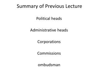Summary of Previous Lecture